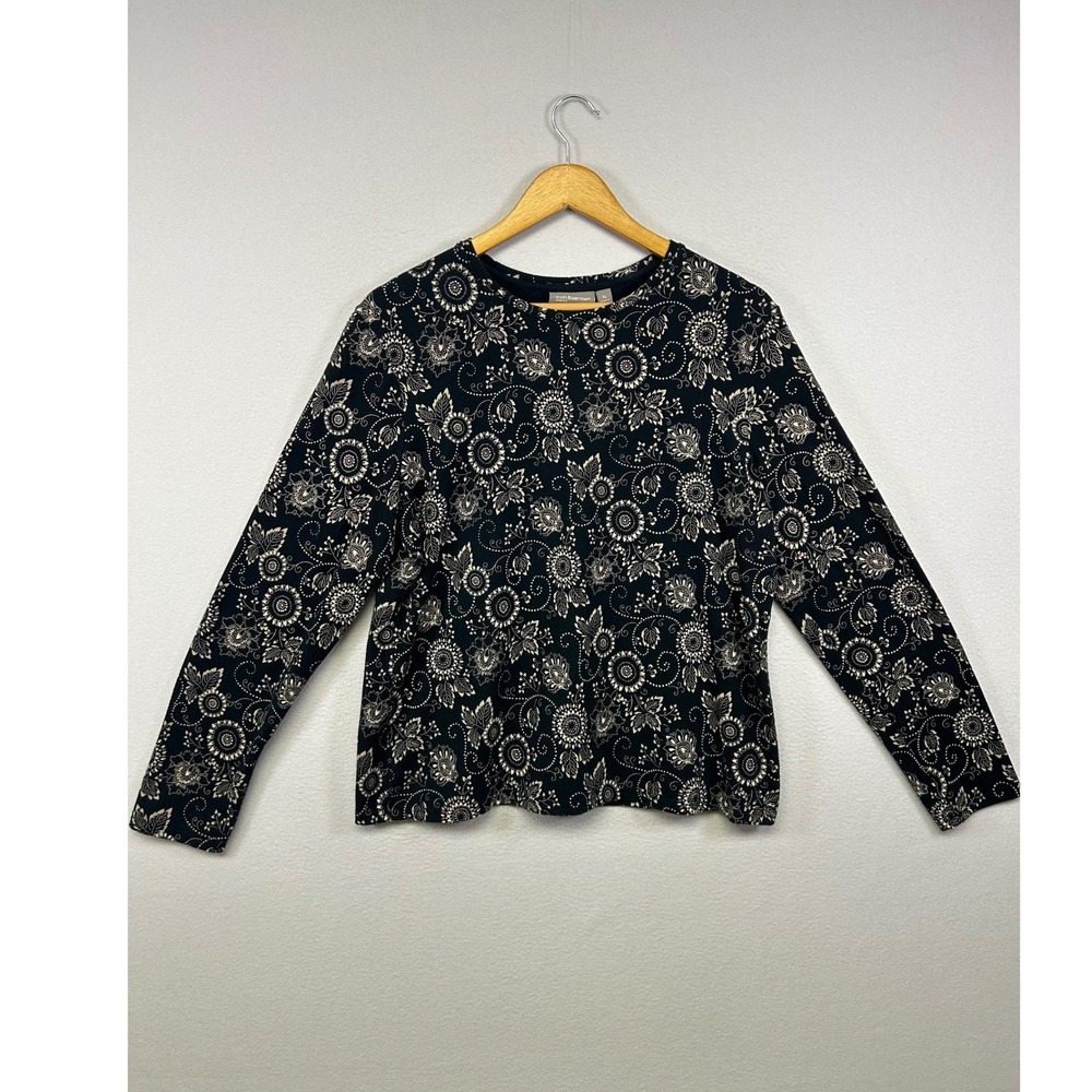 Boho Cottagecore Croft & Barrow‎ Womens XL Black Cream Floral Long Sleeve Top